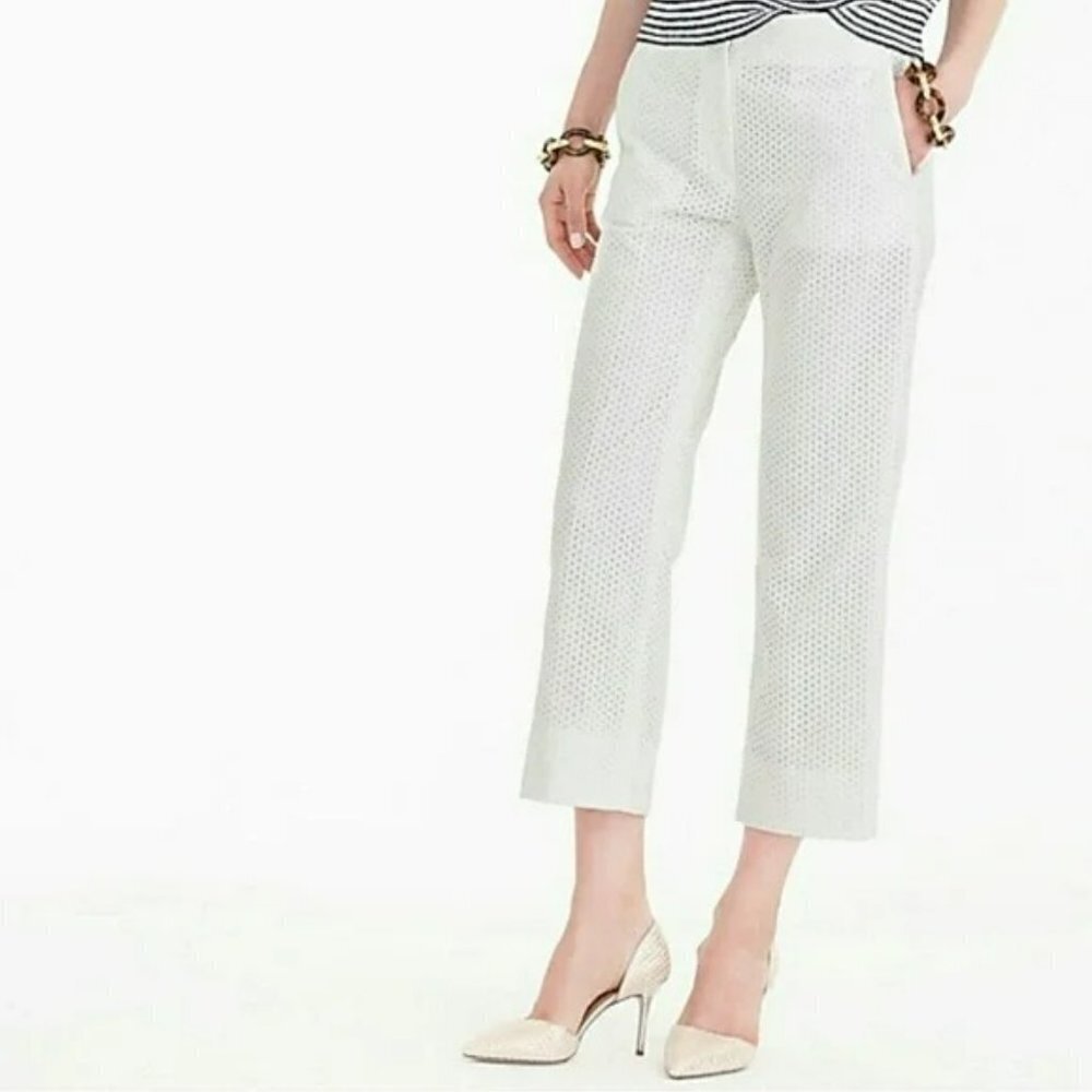 J. Crew Eyelet Lace Patio Crop Pant White Cotton Pockets Straight Leg Size 8 NWT